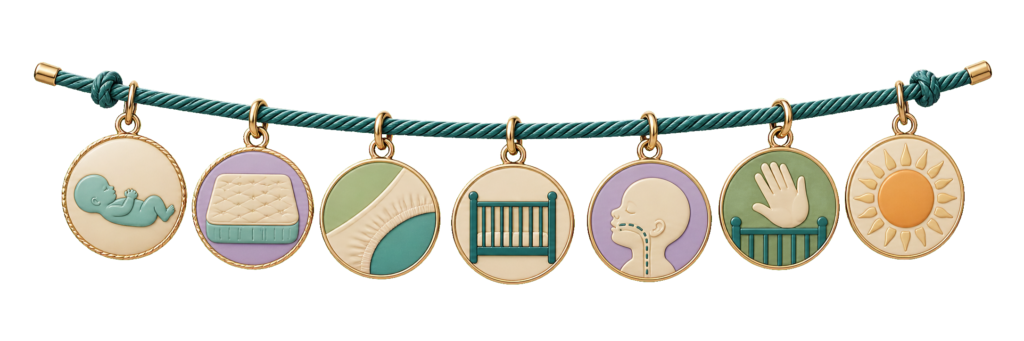 Charm ribbon showing back sleeping, a firm flat mattress, a fitted sheet corner and an empty crib