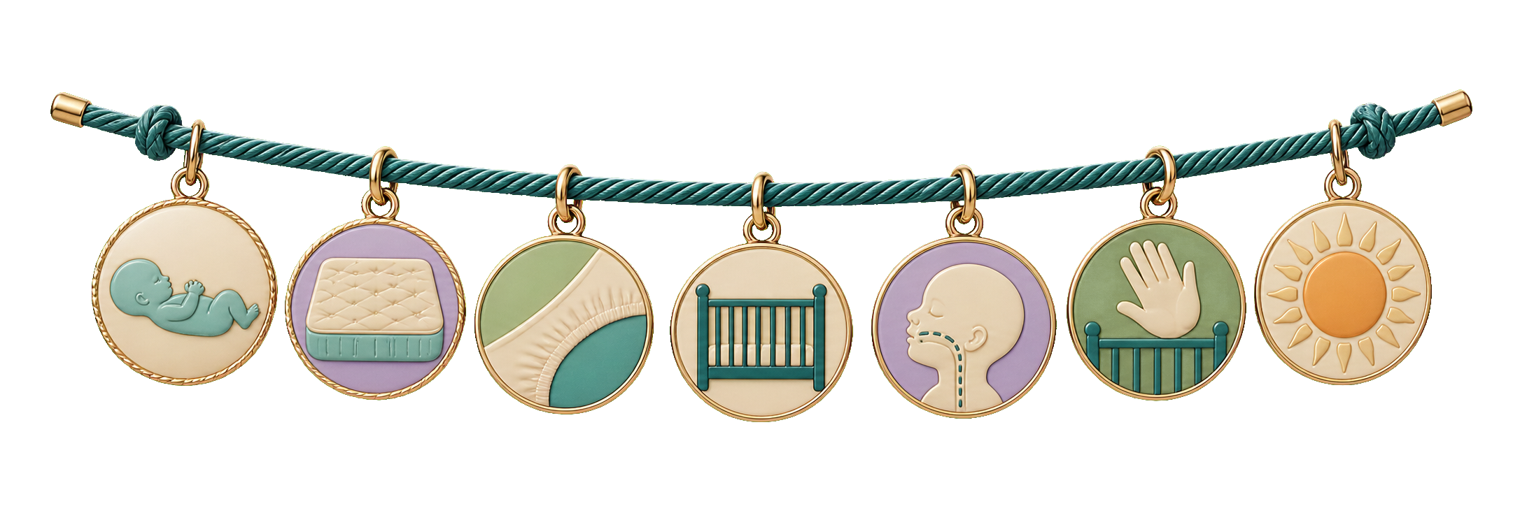Charm ribbon showing back sleeping, a firm flat mattress, a fitted sheet corner and an empty crib