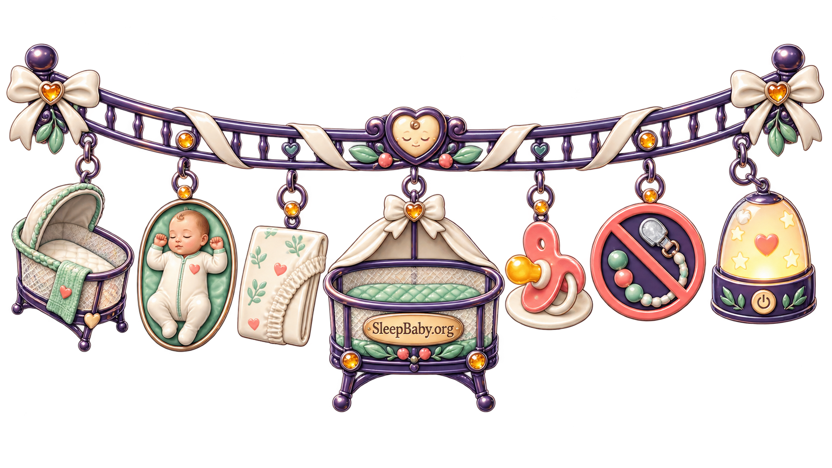 Charm ribbon showing a clear bassinet, back-sleeping baby, fitted sheet, separate pacifier, crossed-out clip, clear airway, and nightlight.