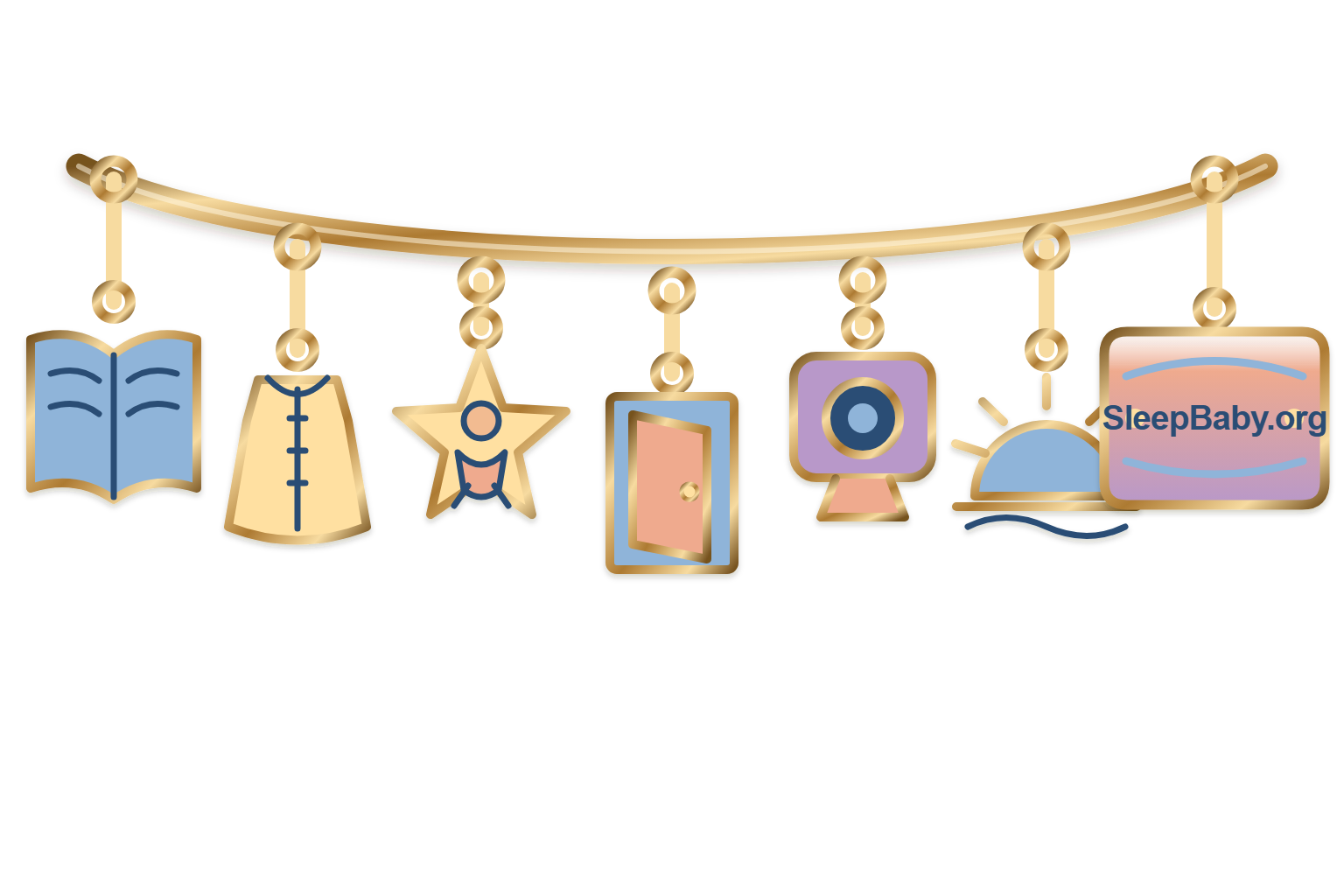 A jewelry-like charm strand with a bedtime book, sleep sack zipper, back-sleep star, doorway, monitor without a shield, and sunrise