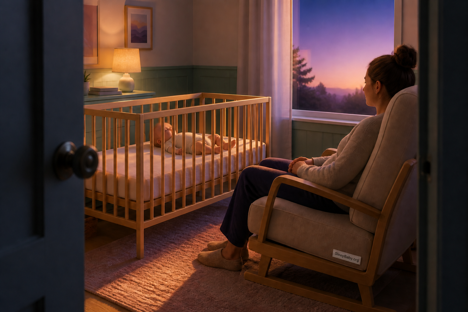 Baby sleeps in a bare crib at dawn while the caregiver rests nearby.