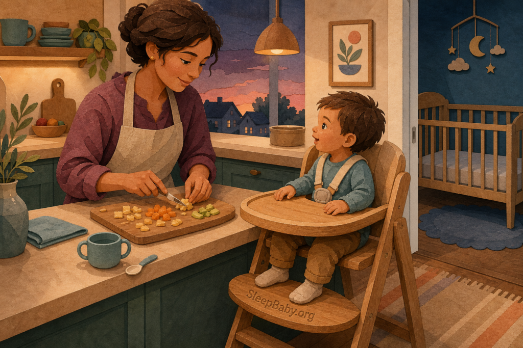 A caregiver cuts soft food into small pieces beside an upright toddler in a stable high chair with supported feet, while an empty crib waits in a separate room.