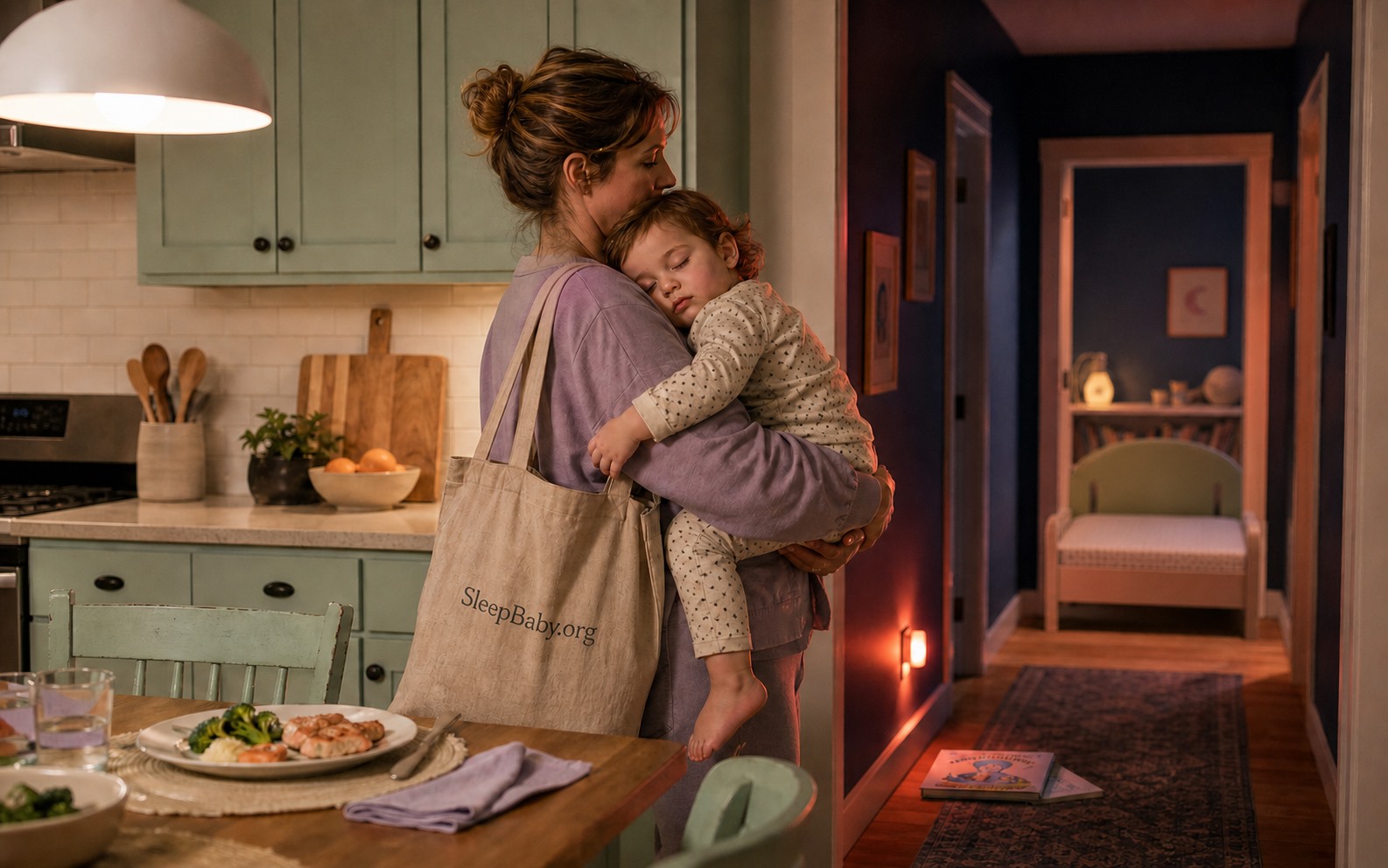 A caregiver holds a sleeping toddler beside an untouched dinner while a softly lit hallway leads toward the child's bed.