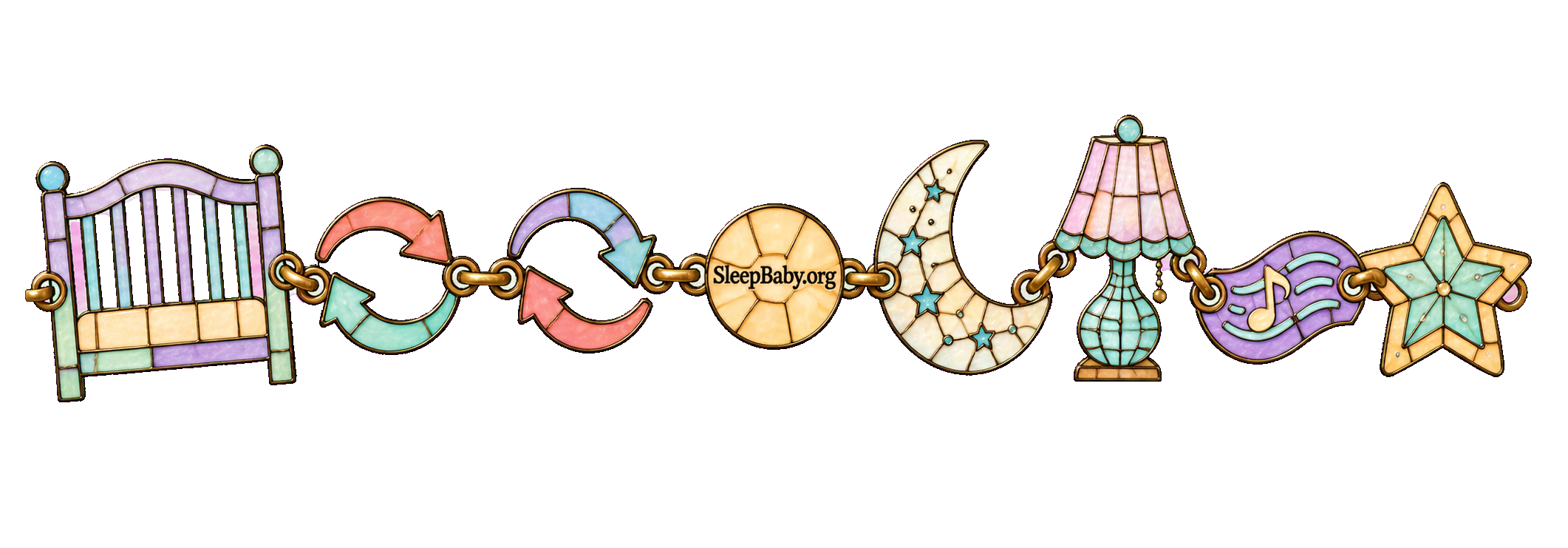 Pastel stained-glass charms pair a bare crib, two-way rolling arrows, crescent moon, familiar lamp, song note and open-space star.