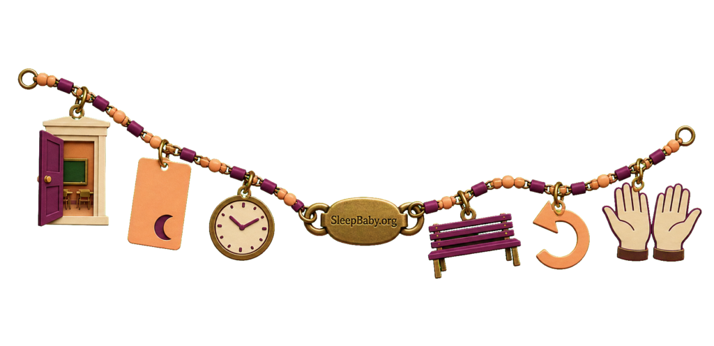 Apricot and plum charms show a classroom doorway, quiet-break card, small clock, bench, return arrow and relaxed hands after a hard sound.