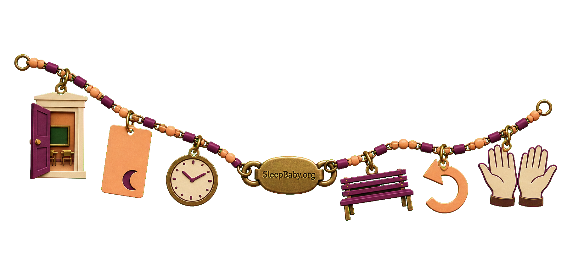 Apricot and plum charms show a classroom doorway, quiet-break card, small clock, bench, return arrow and relaxed hands after a hard sound.