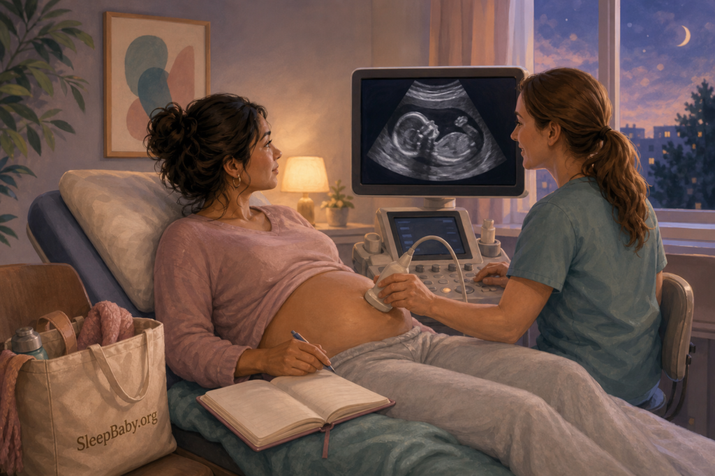 Mid-pregnancy reader reviews an anatomy-ultrasound screen with a clinician and open notebook.