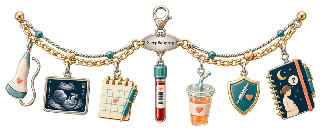 Appointment ribbon with ultrasound, lab, glucose-screen, vaccine, and moonlit-question charms.