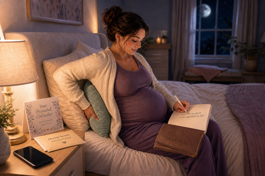 Late-second-trimester reader writes one appointment question during a calm bedside reset.