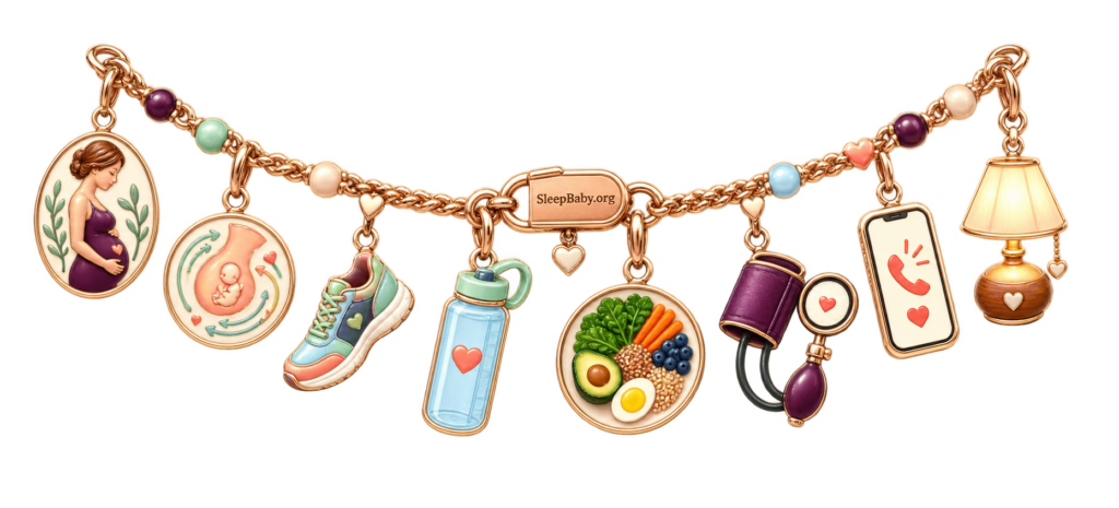 Body-signal ribbon with pregnancy, movement, shoe, water, meal, blood-pressure, call, and rest-lamp charms.