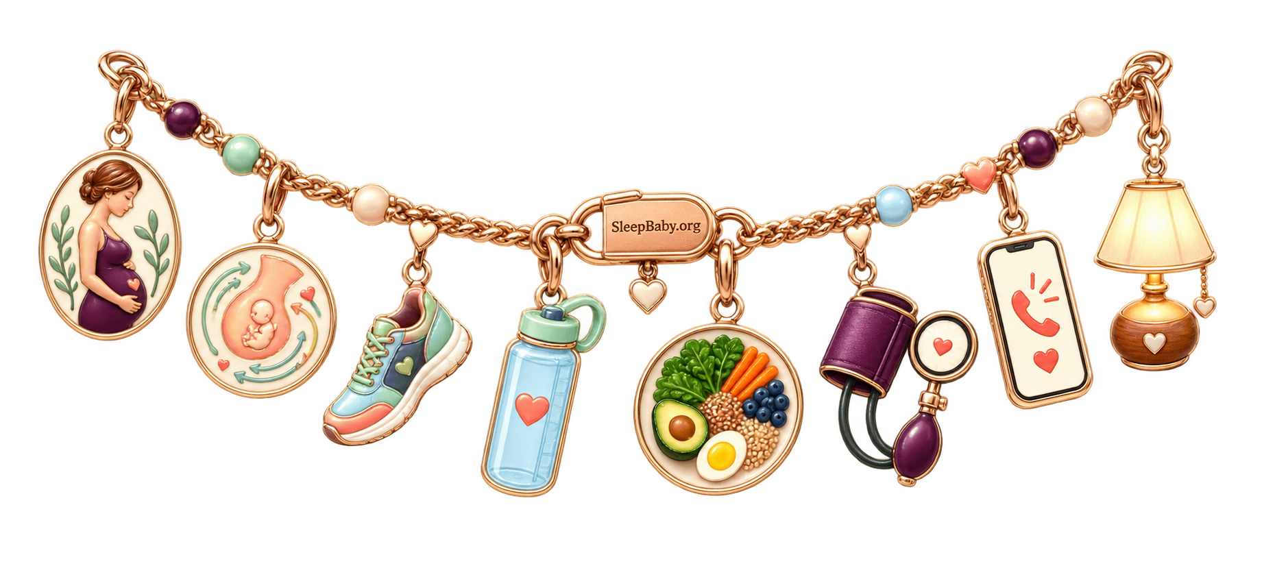 Body-signal ribbon with pregnancy, movement, shoe, water, meal, blood-pressure, call, and rest-lamp charms.