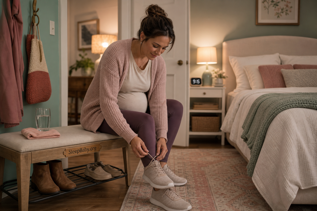 A second-trimester parent pauses to lace supportive shoes before evening rest.