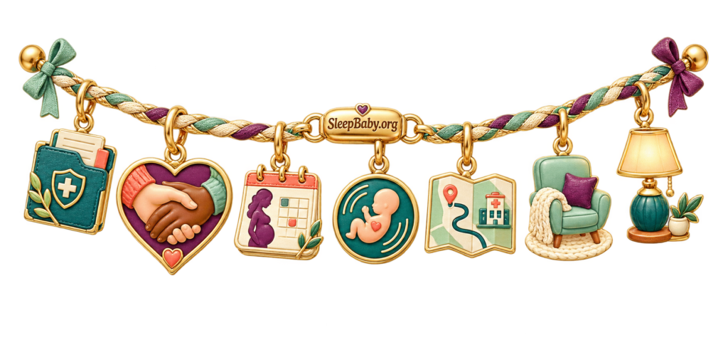 Planning ribbon with care-folder, support, prenatal-calendar, movement, route, quiet-chair, and bedside-lamp charms.