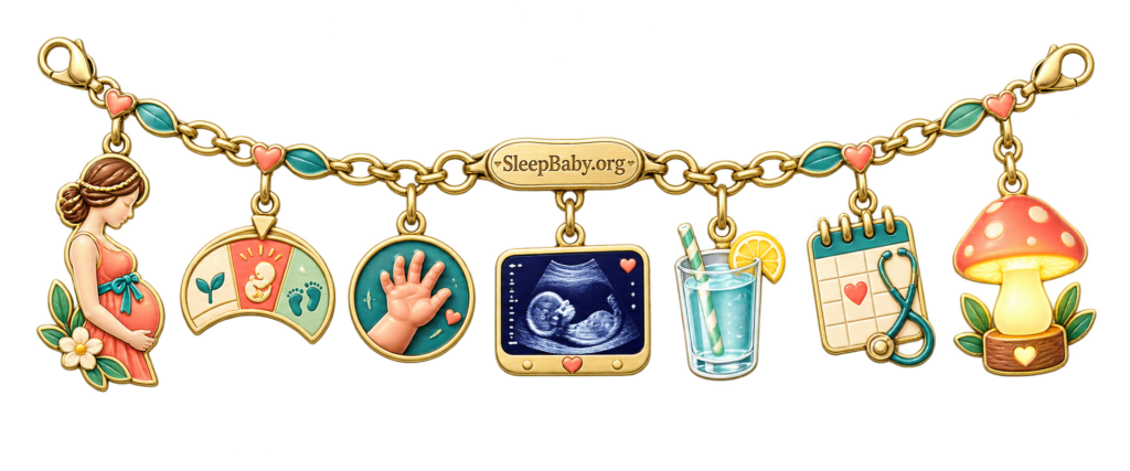 Recognition ribbon with mid-pregnancy, calendar, fetal-hand, ultrasound, appointment, water, and nightlight charms.