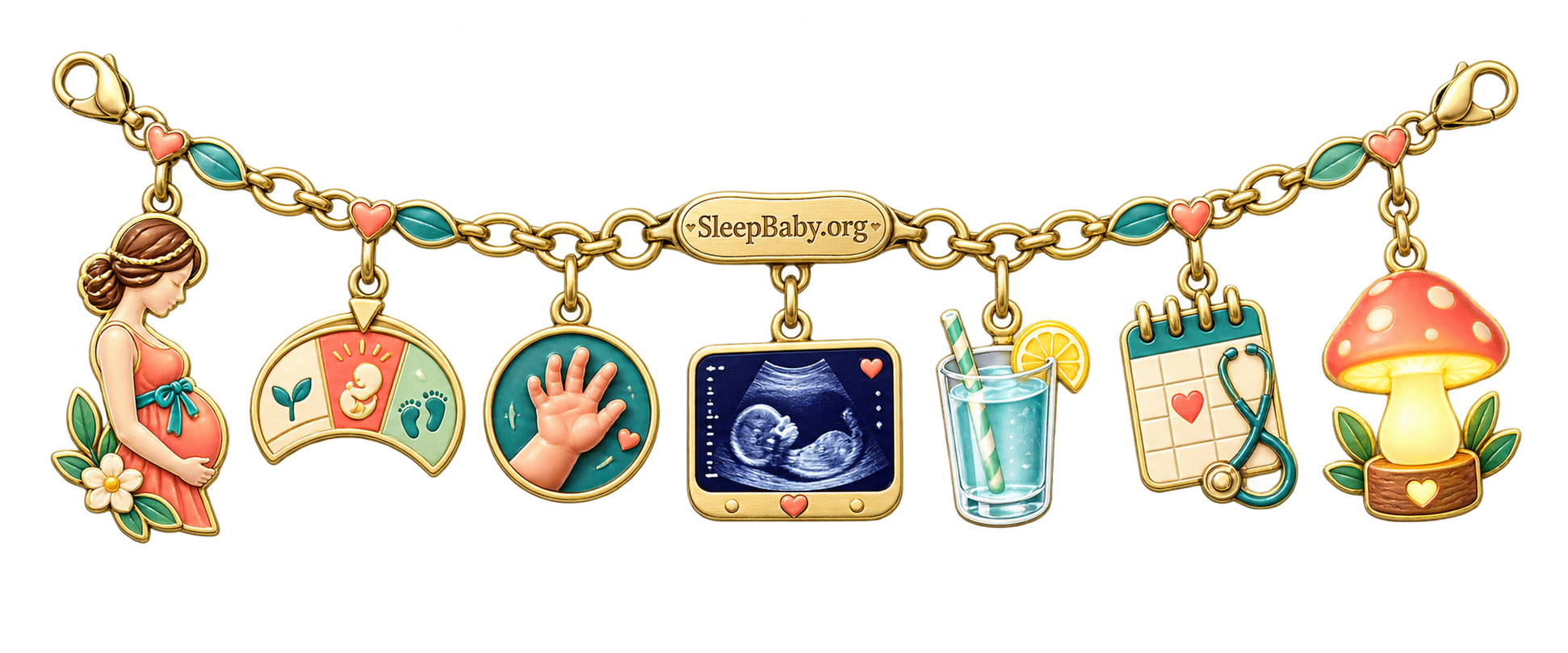 Recognition ribbon with mid-pregnancy, calendar, fetal-hand, ultrasound, appointment, water, and nightlight charms.