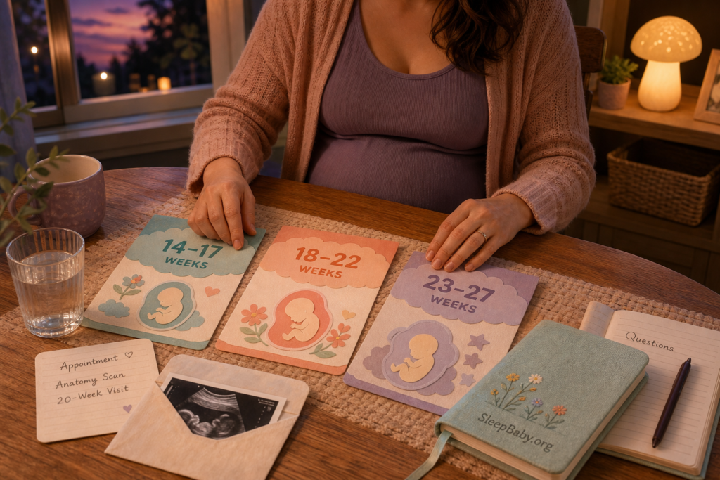 Mid-pregnancy reader arranges three prenatal calendar windows at a kitchen table.