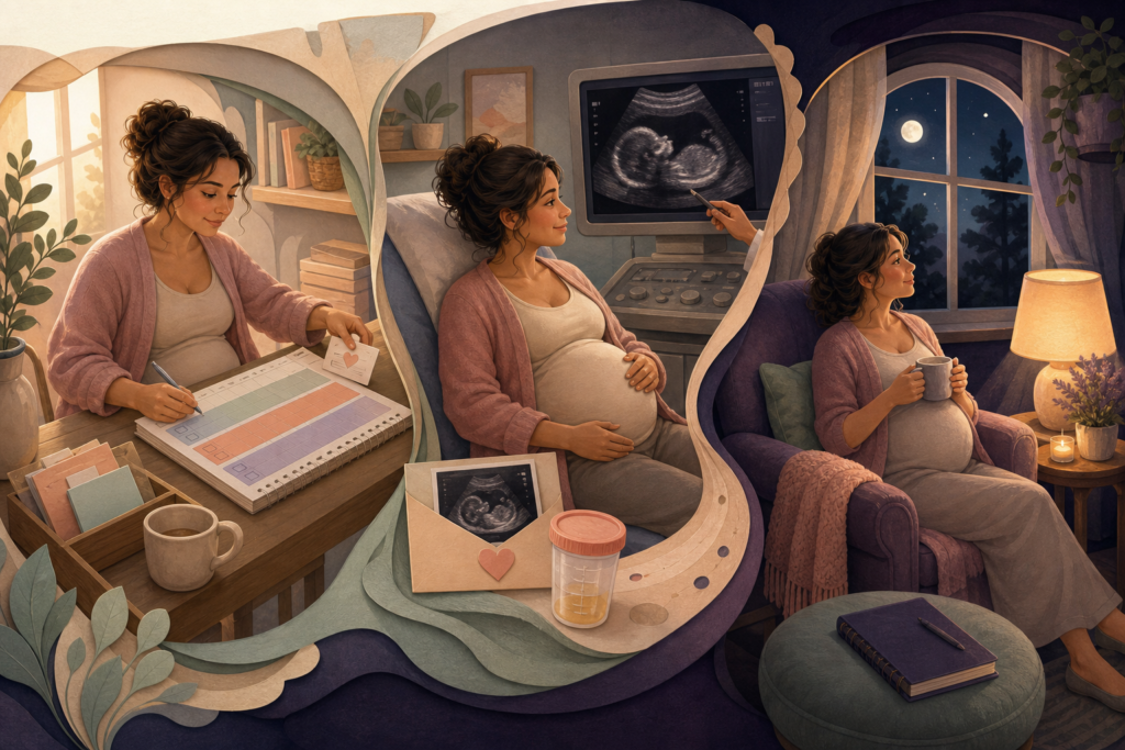 Mid-pregnancy reader moves from a prenatal calendar to an ultrasound visit and a calm evening rest space.
