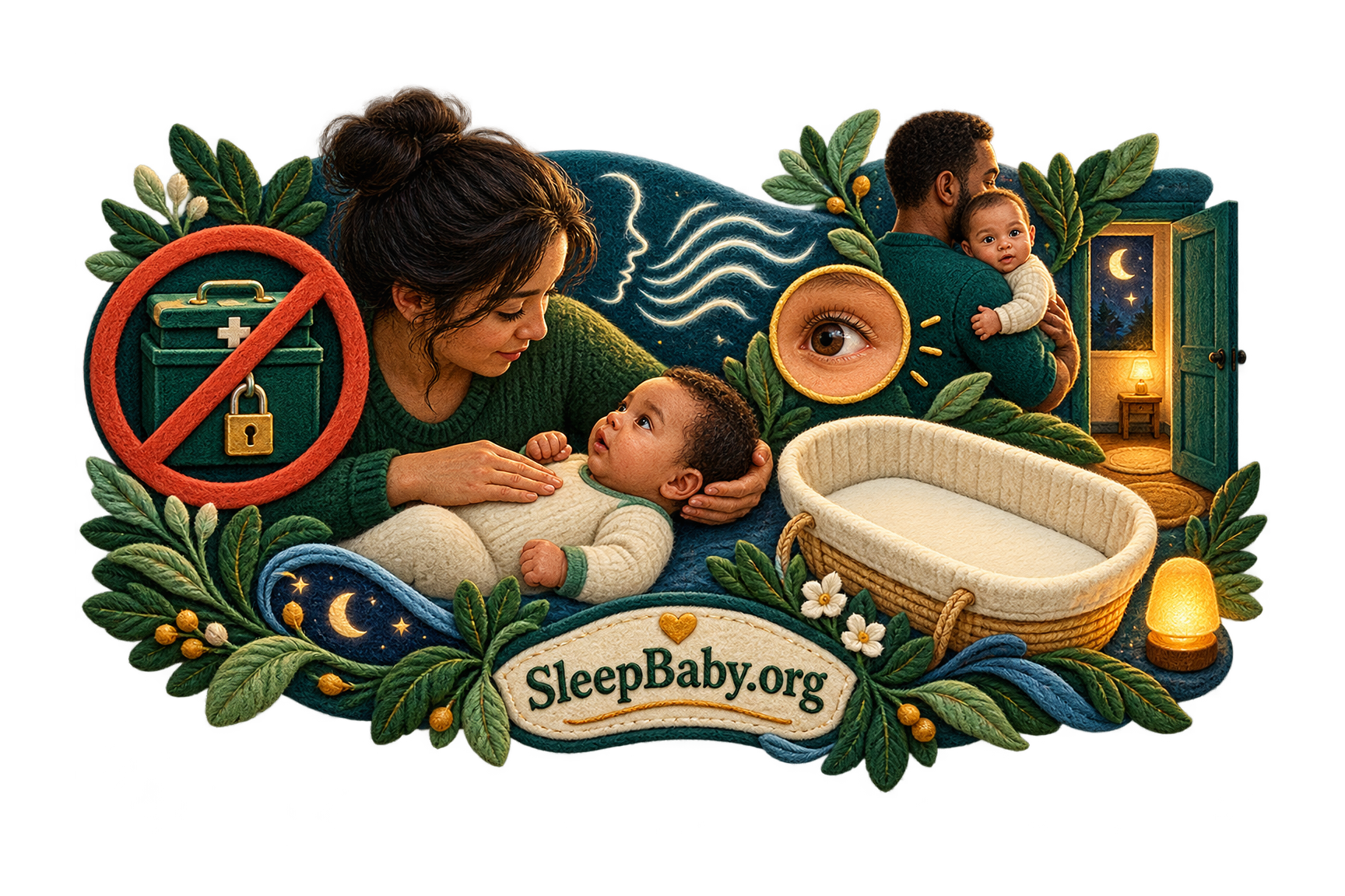 A SleepBaby.org teaching rail contrasts a locked medicine kit with caregivers checking an alert baby, breathing cues, a lit doorway, and an empty bassinet.