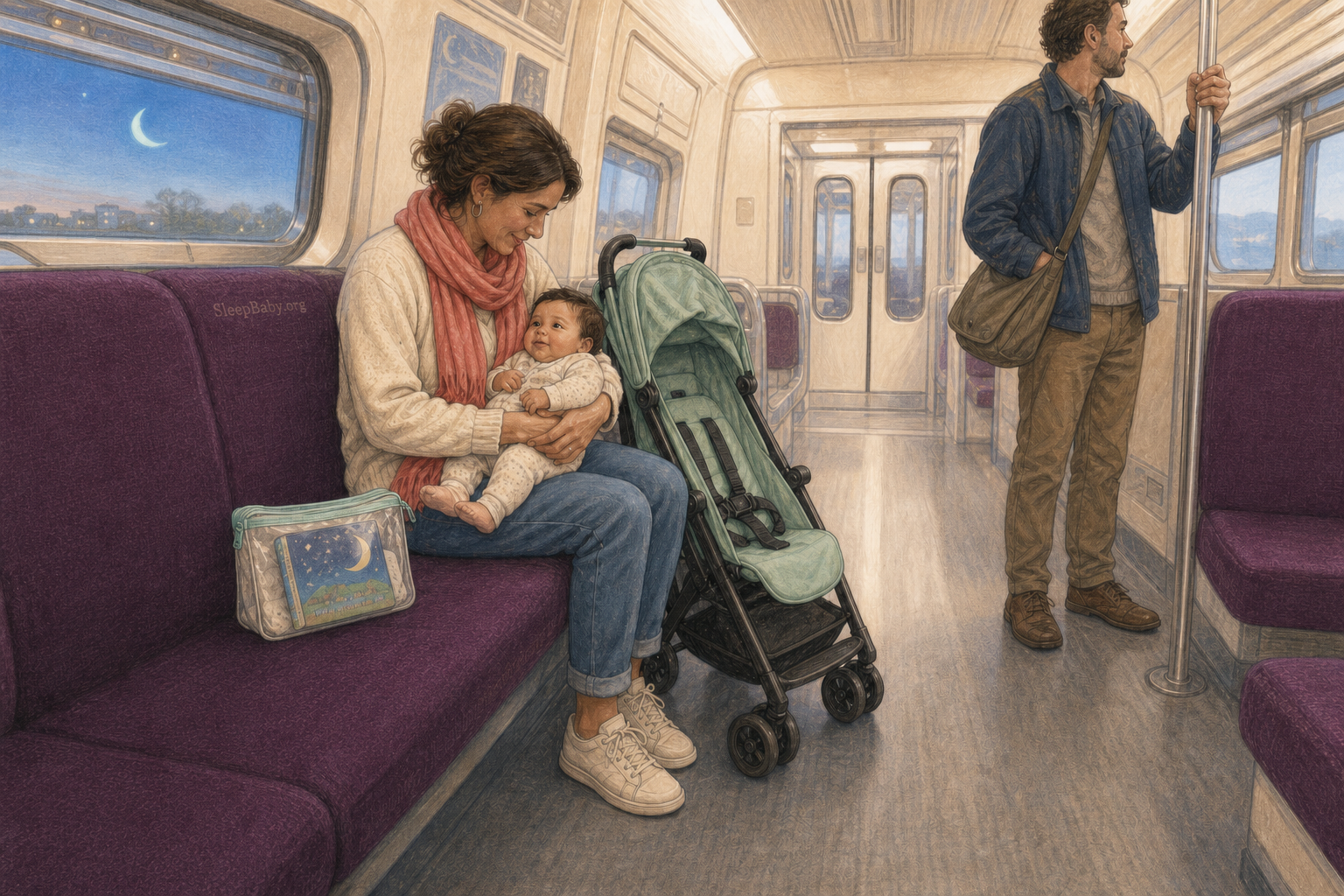 Editorial illustration shows a caregiver securely holding an awake baby on a train seat beside an empty stroller while another passenger holds a fixed pole and the aisle remains clear.