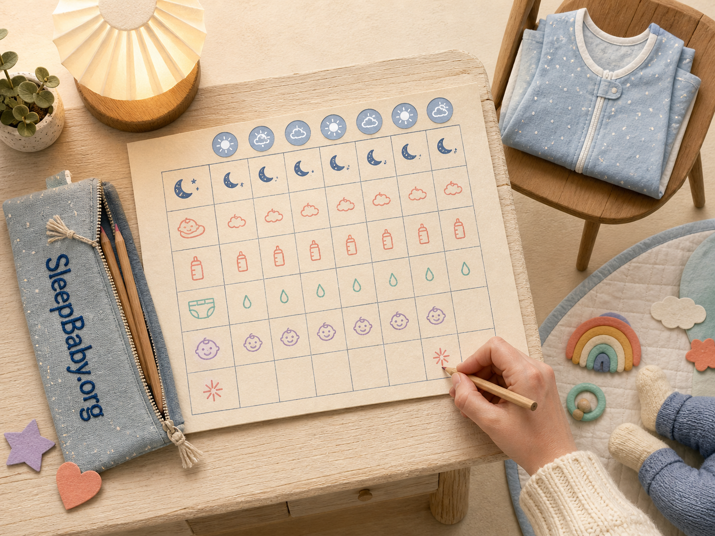 Caregiver marks a seven-day log of sleep, feeds, wet diapers, alert play and unusual changes.