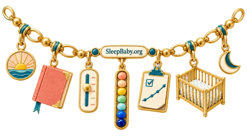 An action charm ribbon links a morning sun, bedtime book, one-change slider, seven day beads, note, clear crib, and crescent