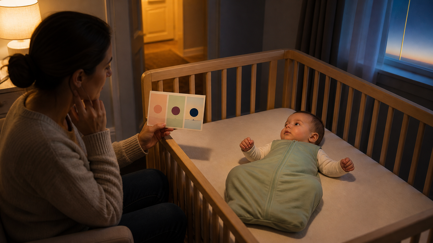 Alert seven-month-old in a bare crib while a caregiver reviews a three-night pattern card