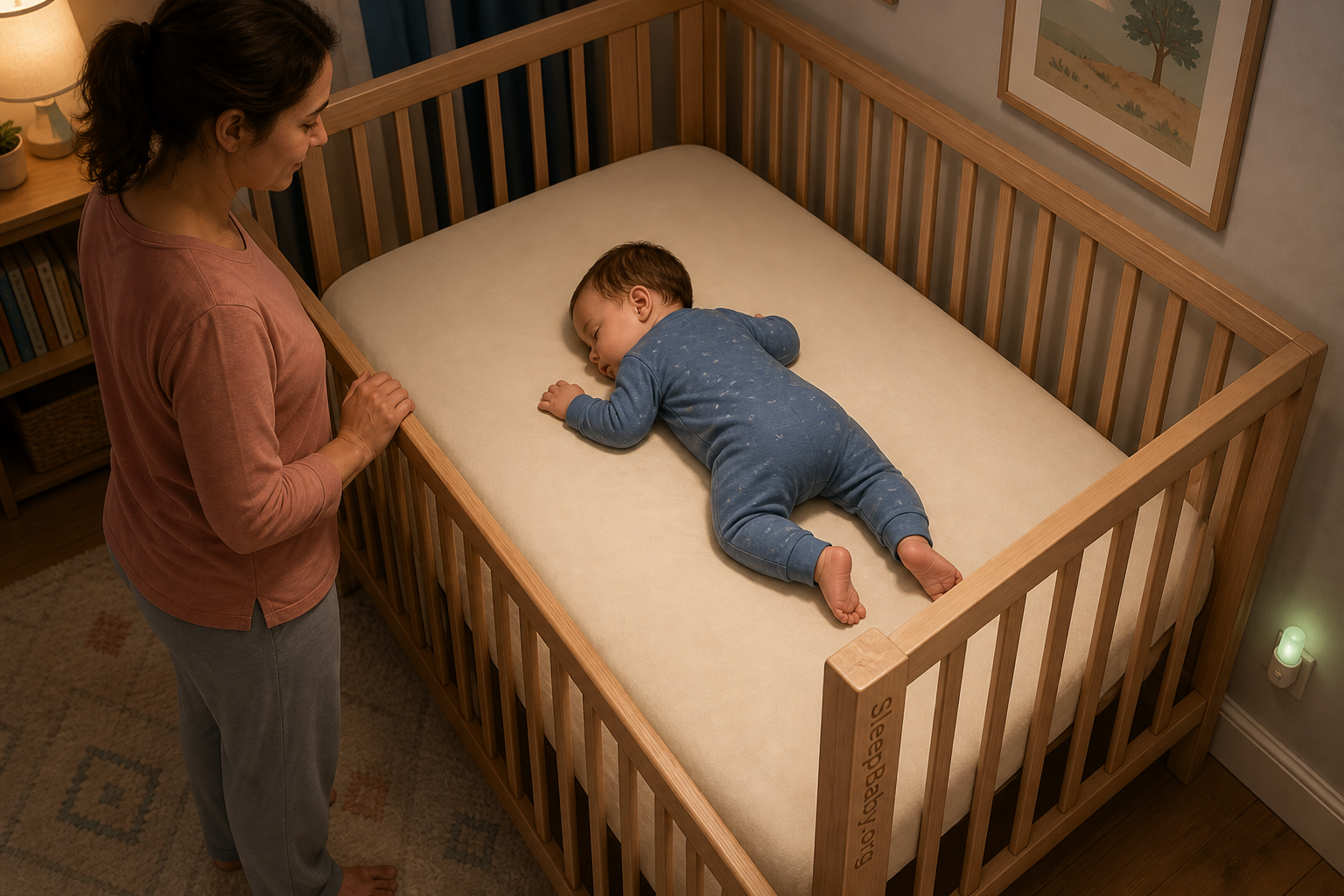 A calm seven-month-old rests after independently rolling in a clear approved crib while a caregiver checks from beside the crib