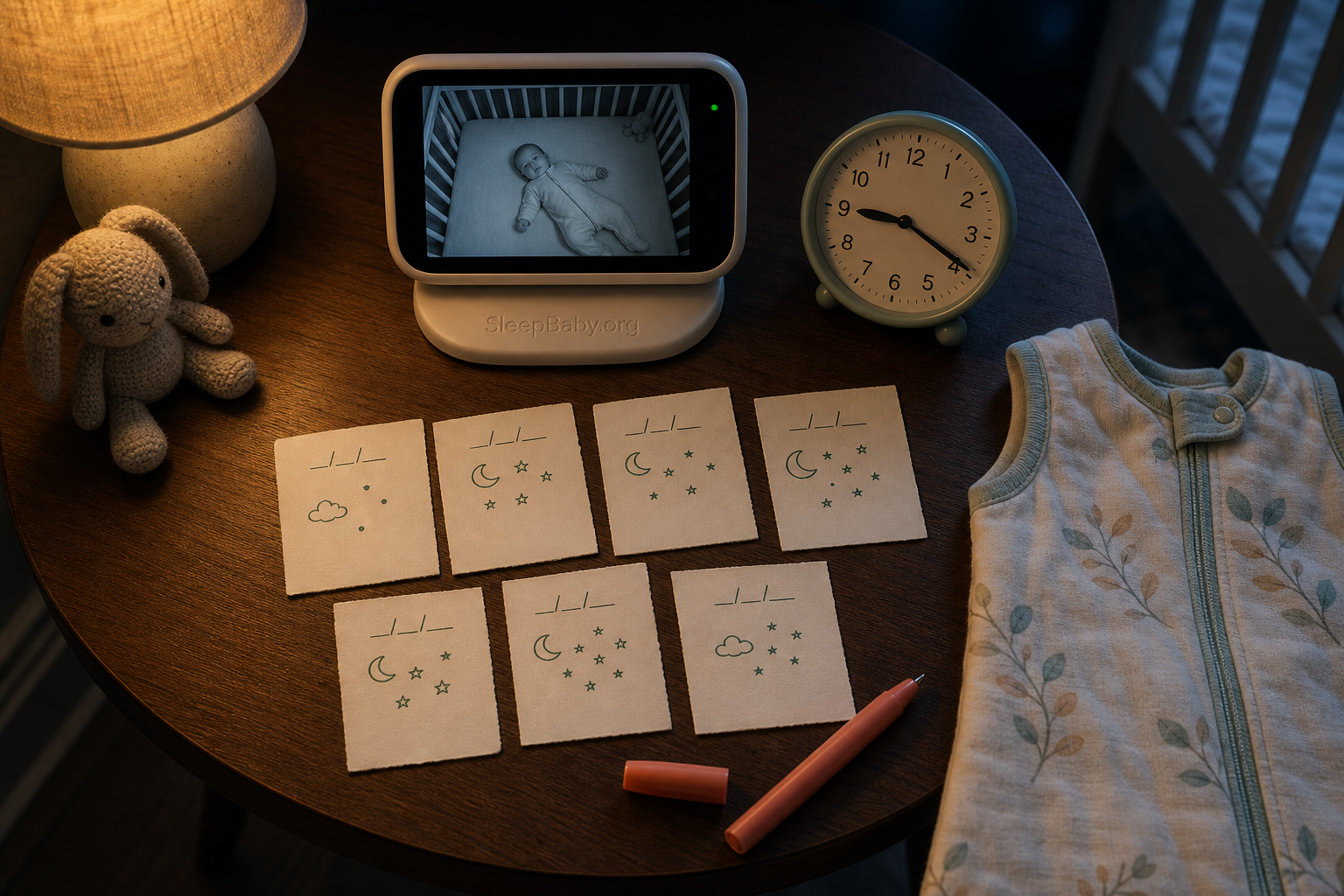 A baby monitor, clock, and seven simple night cards form a calm bedside observation station.