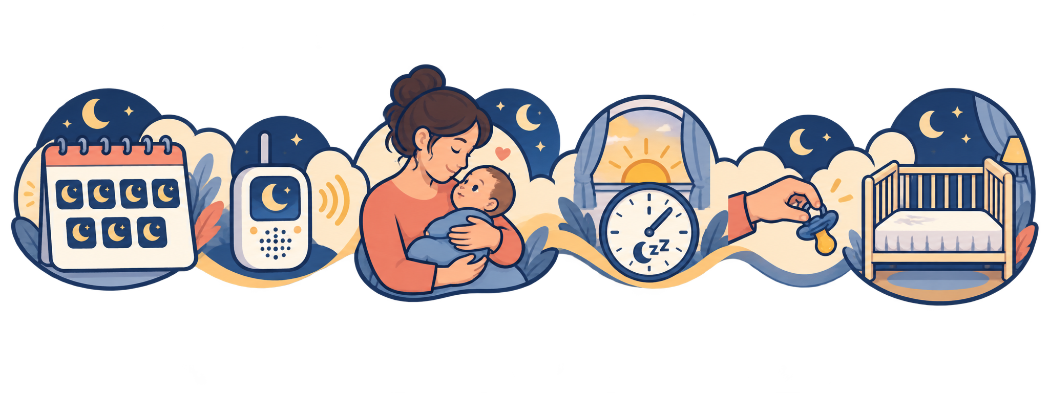 SleepBaby seven-night pattern rail with calendar, monitor, caregiver comfort, day clock, pacifier, and empty crib