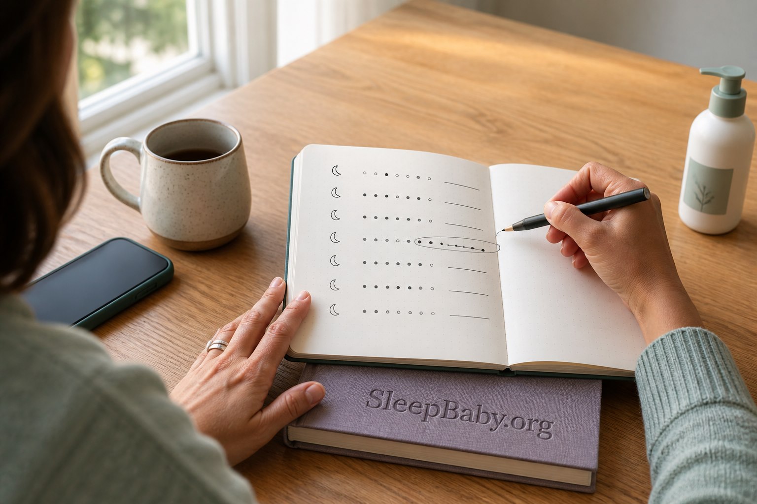 Caregiver circles a repeated pattern in a simple moon-and-dot notebook while a generic lotion bottle sits to the side and the cover reads SleepBaby.org.