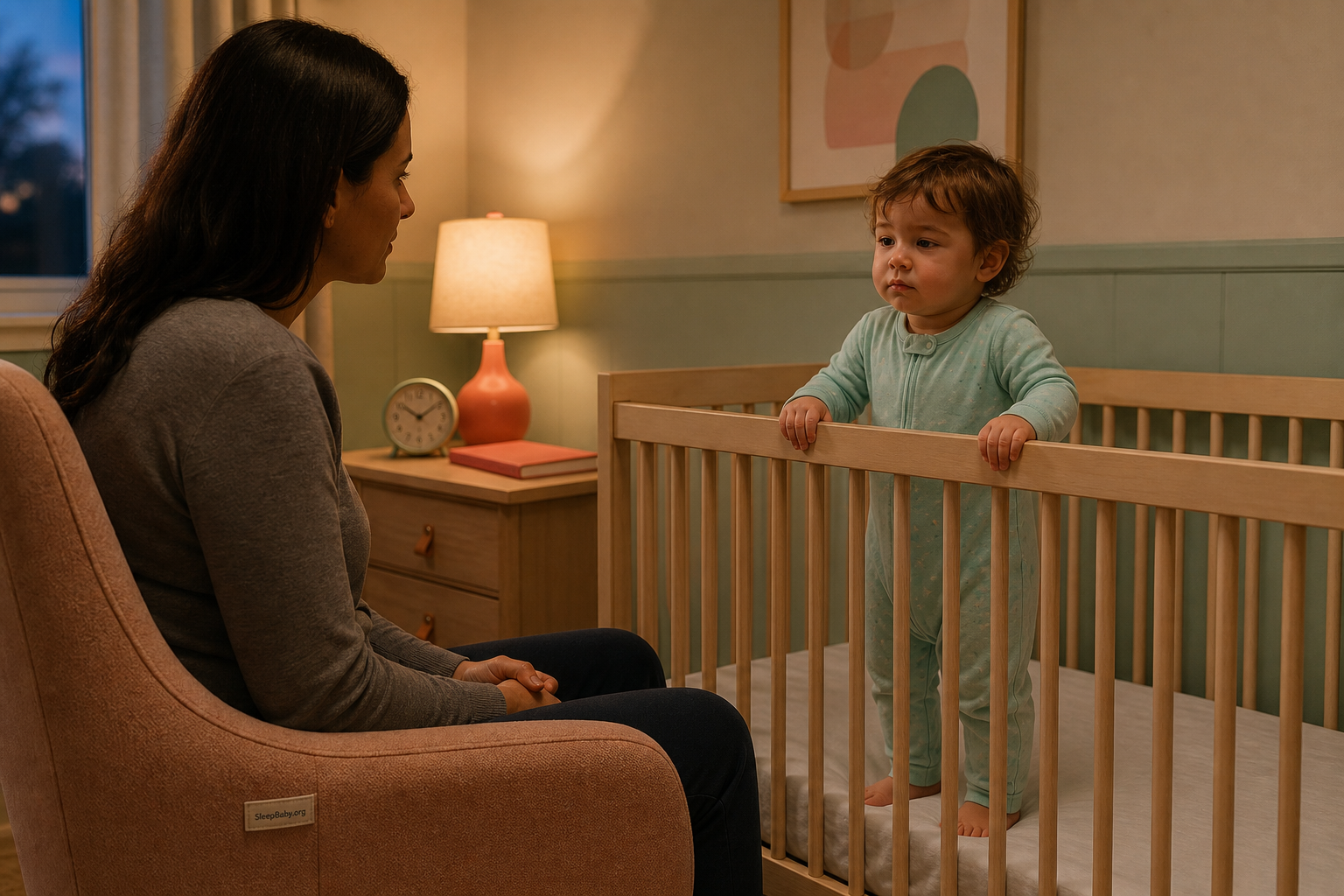 An awake 17-month-old in mint pajamas stands safely in a bare crib while a caregiver sits nearby beside a closed coral bedtime book and glowing lamp.