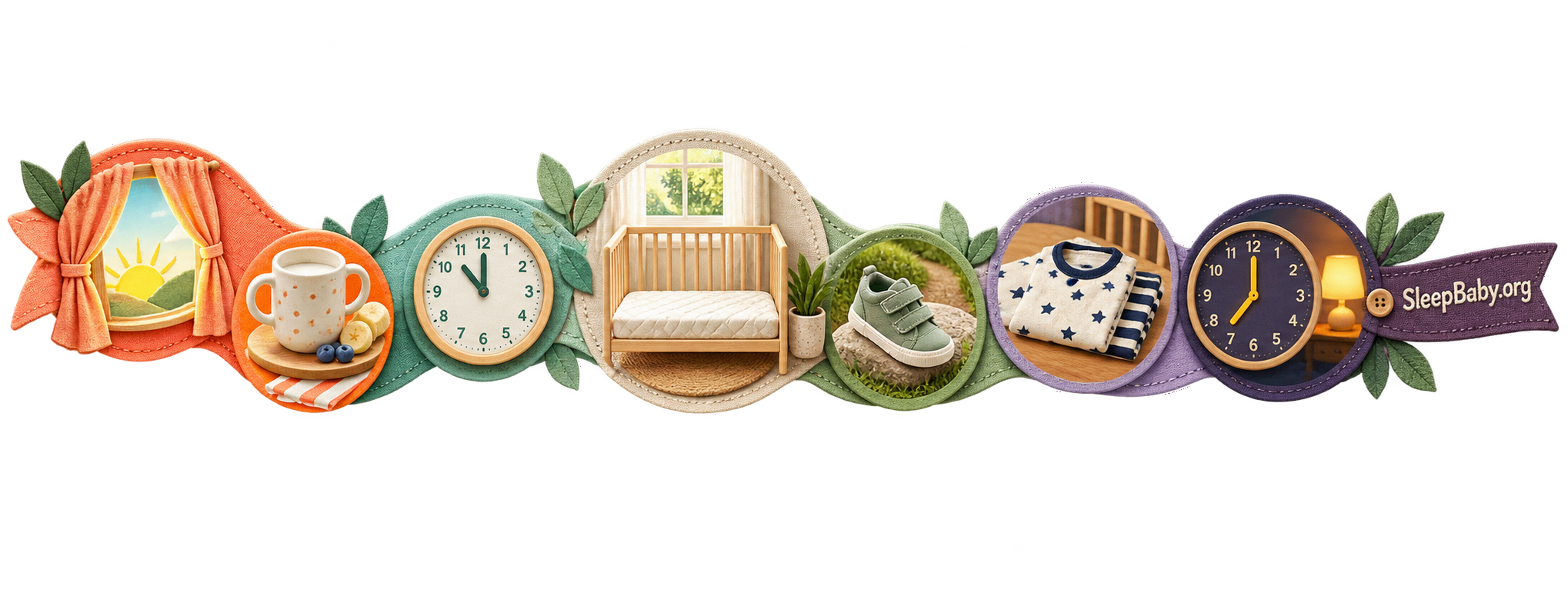 A transparent day-to-night rail moves from sunrise and breakfast through a midday empty crib to pajamas and a dim bedtime clock.