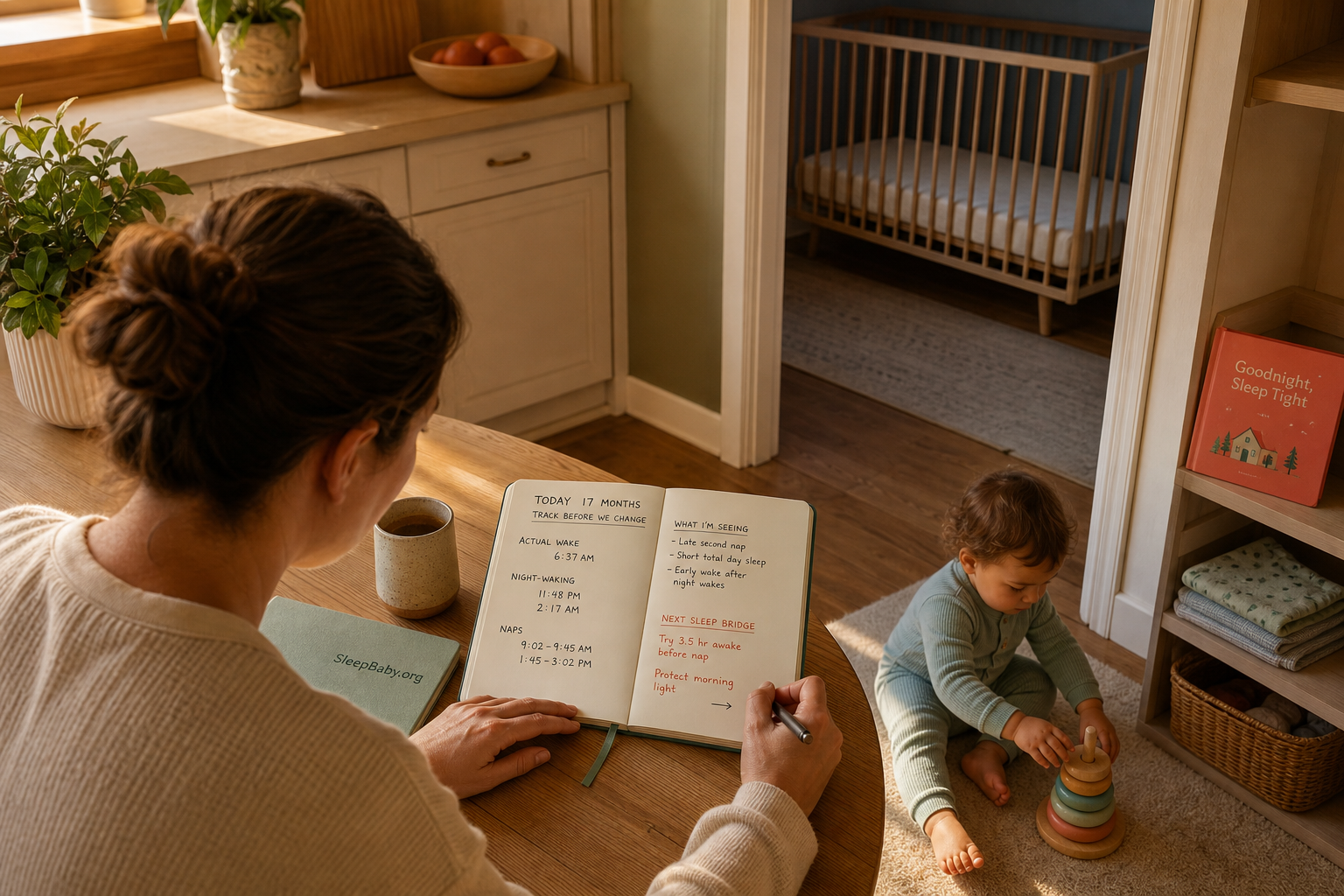 A caregiver records a 17-month-old's wake and nap times at a dawn kitchen table while the toddler plays and a safe empty crib remains visible.
