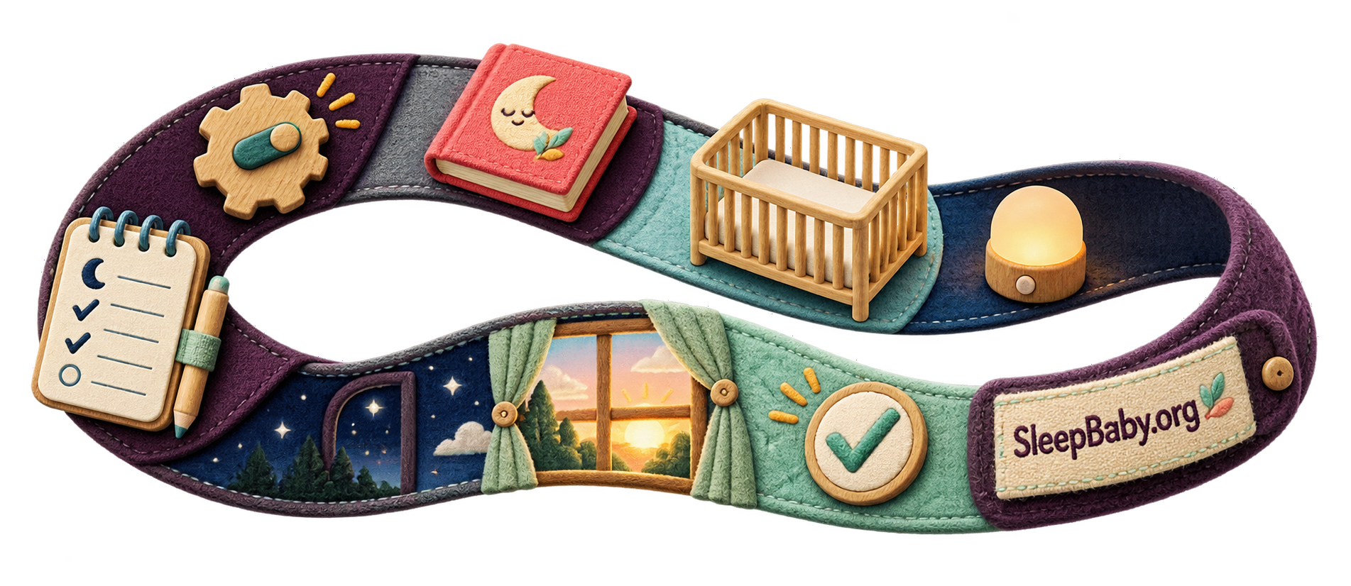 A transparent loop carries a one-change sleep log past a closed book, safe empty crib and nightlight toward a sunrise check mark.