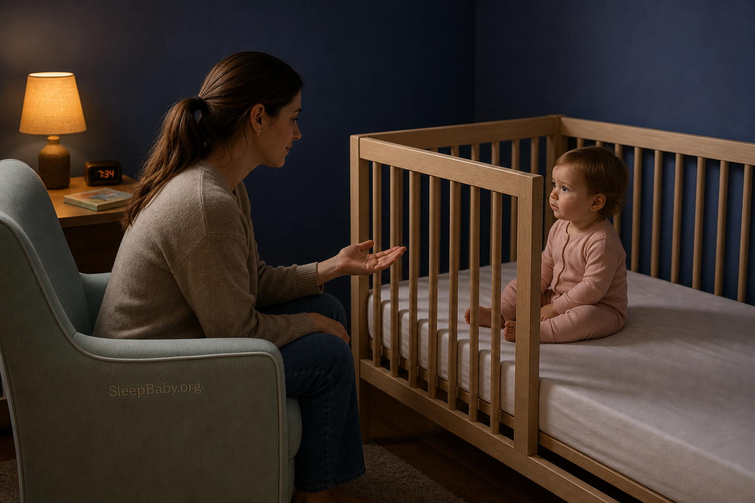 A caregiver offers one calm open-hand reassurance beside a safe bare crib while an awake 17-month-old in blush pajamas listens.