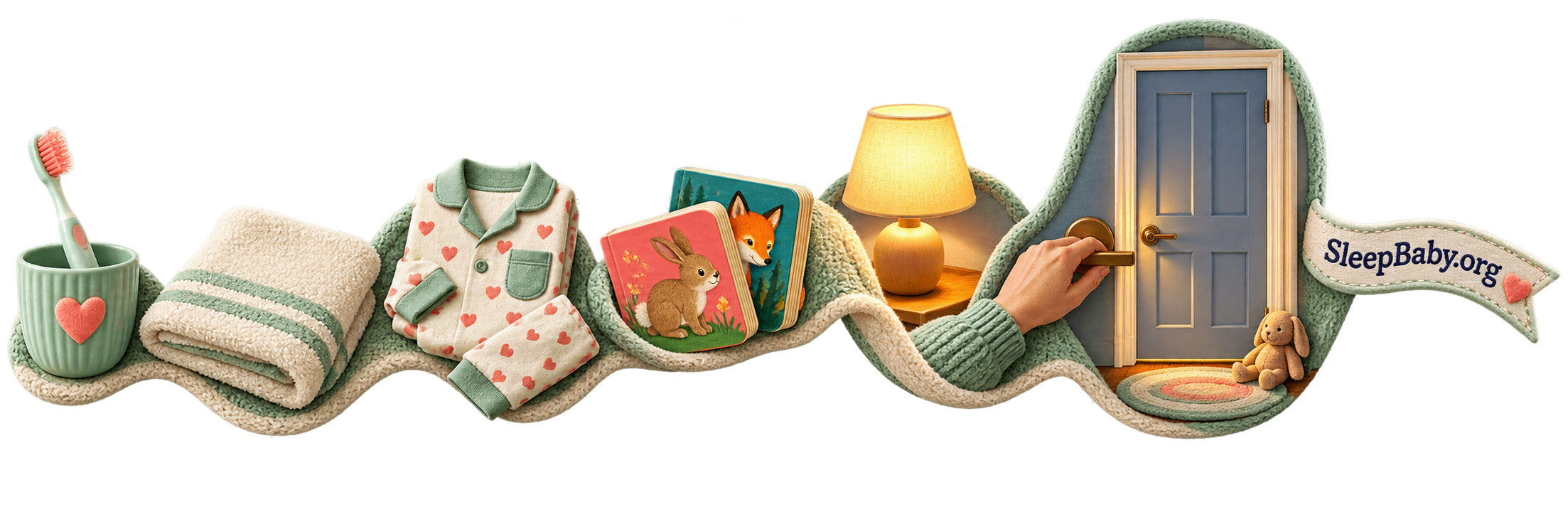 A transparent routine rail sequences a toothbrush, towel, pajamas, two closed books, dim lamp and closed bedroom door.