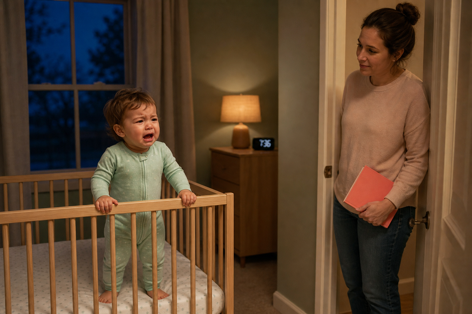 An awake 17-month-old protests safely in a bare crib while a caregiver pauses in the doorway with a closed bedtime book.