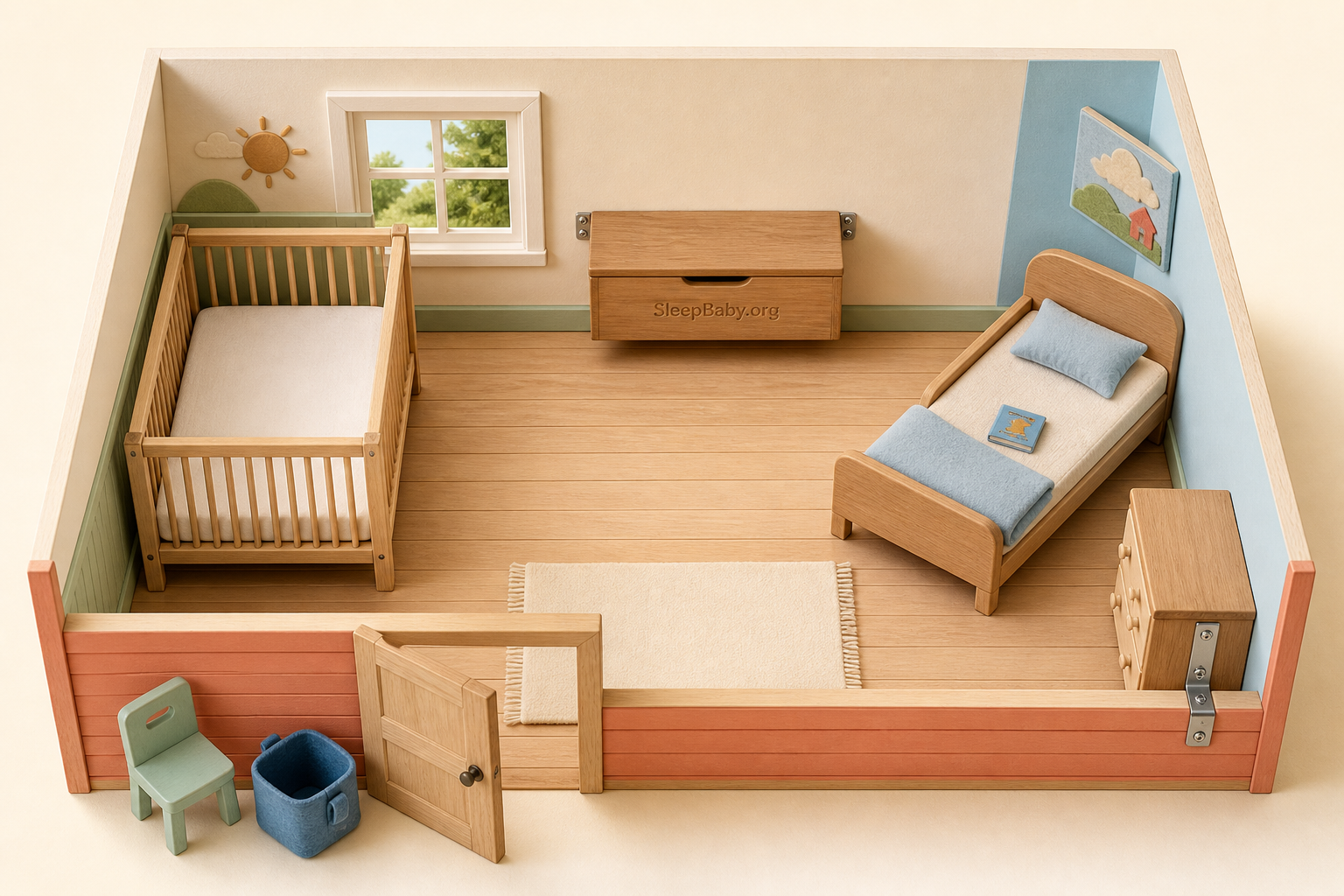 An axonometric room model separates the bare crib from the toddler bed and keeps the center route open
