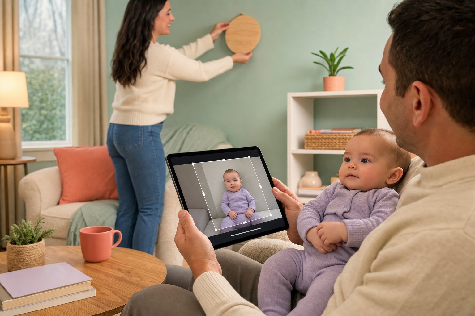 A caregiver securely holds an awake fully clothed baby while reviewing a cropped baby photo on a tablet and another adult removes a plain wooden name plaque from the background.