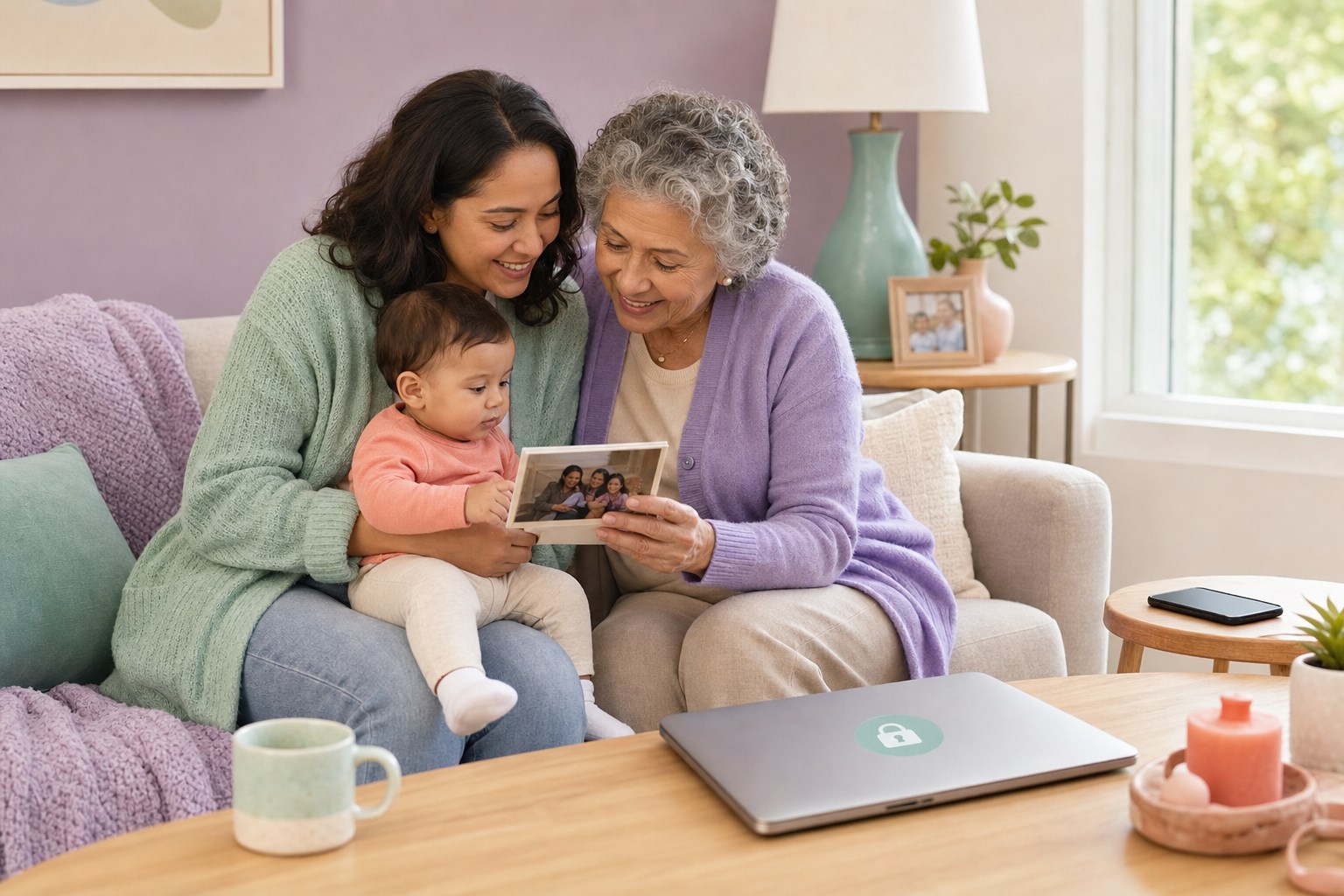 A caregiver, grandparent, and awake fully clothed baby look at one printed family photo while a phone lies face down and a closed laptop rests nearby.