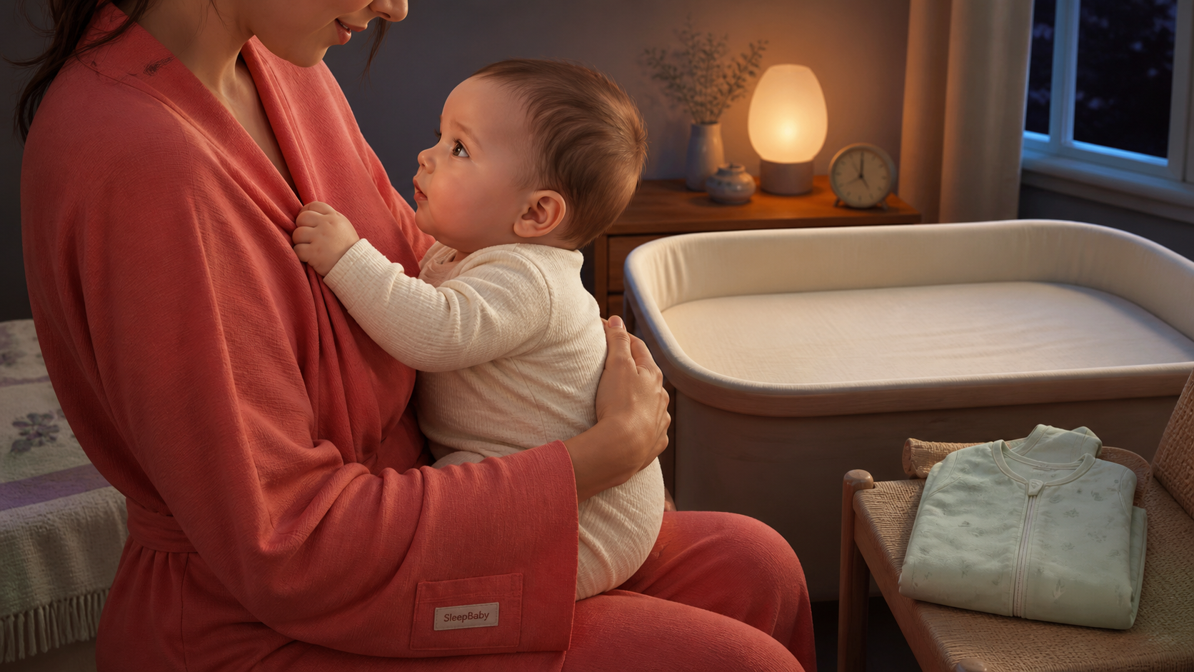 An awake baby gently holds a caregiver's coral shirt while a clear bassinet and warm nightlight are nearby.