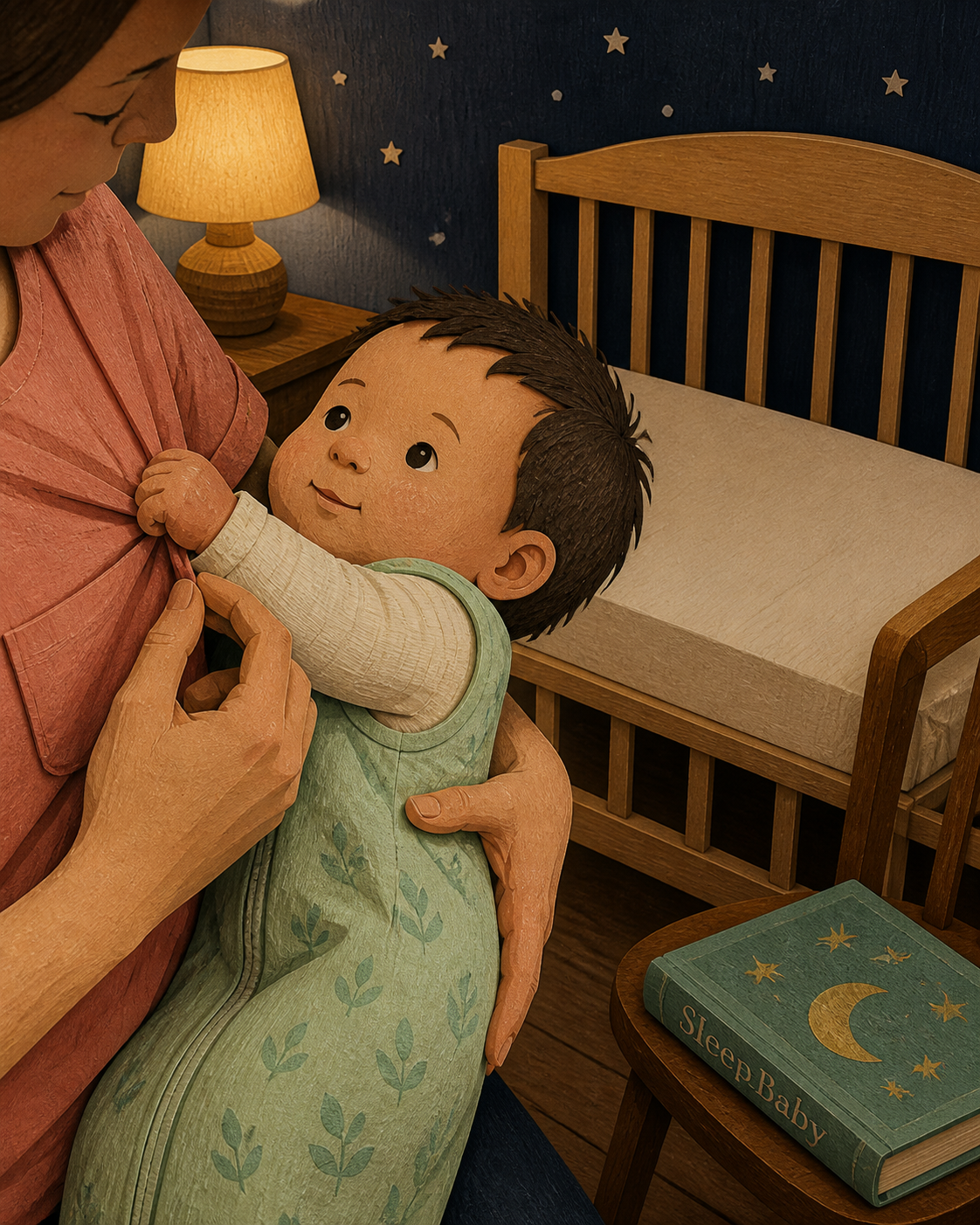 A caregiver gently helps an awake baby's fingers release a shirt beside a clear crib with a fitted sheet.