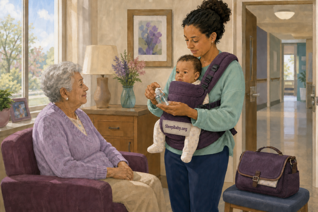 A caregiver cleans their hands during a short care-facility visit while baby stays in a carrier.