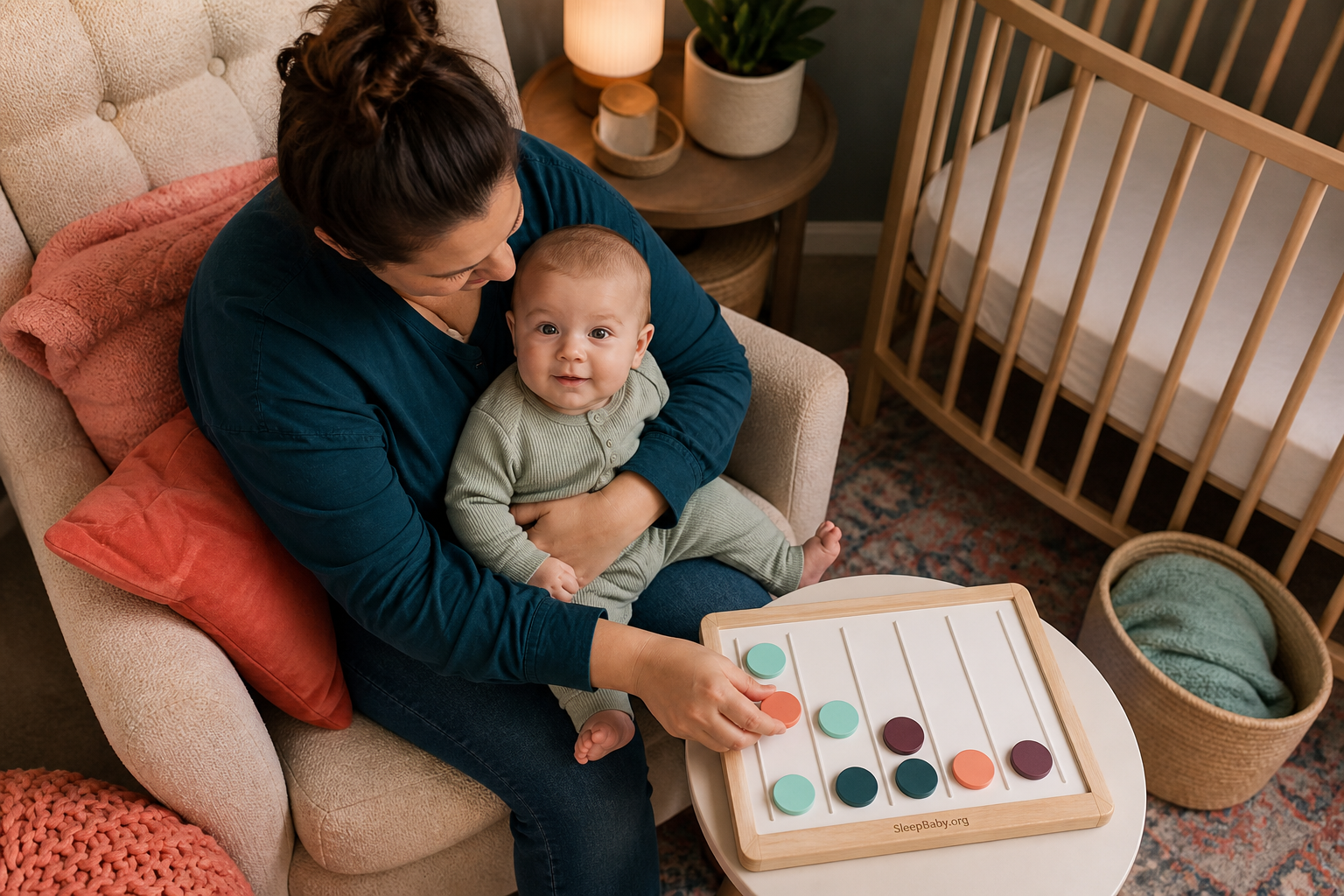 Caregiver moving one nap marker while an awake baby sits beside a bare crib after a short afternoon nap