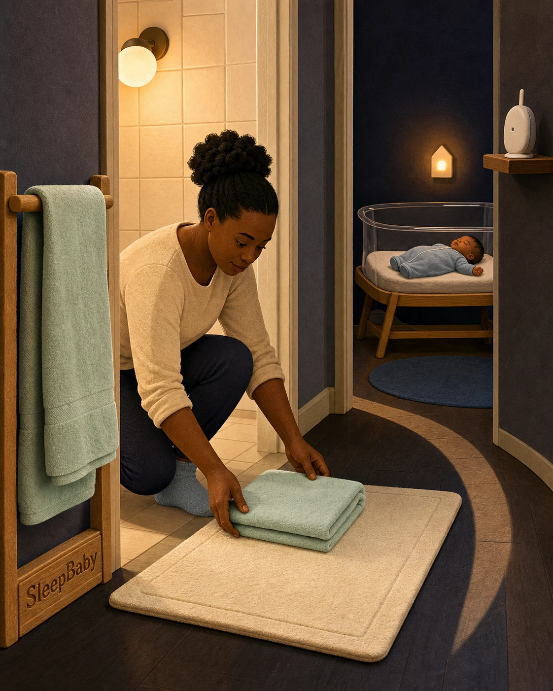 A caregiver places a towel beside a flat bath mat while a baby sleeps on their back in a bare bassinet across the hallway.