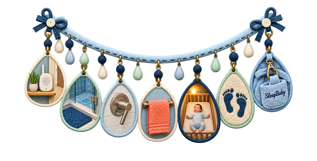 A pale-blue felt charm strand shows a dry monitor shelf, wet-dry threshold, shower valve, towel, sleeping baby in a bare crib, careful footprints, and robe pocket.