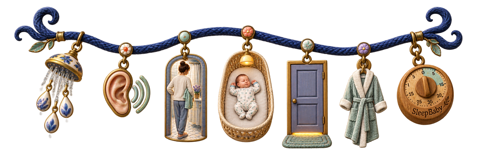 An indigo woven charm strand shows a showerhead, listening ear, caregiver at a bathroom threshold, sleeping baby in a bare bassinet, closed door, hanging robe, and wooden timer.