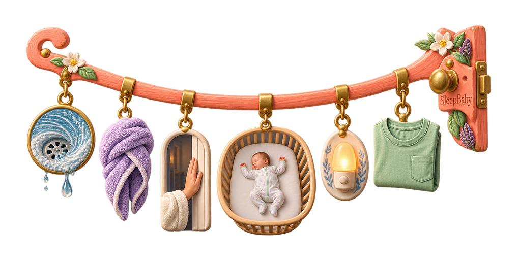 A coral painted-wood charm strand shows the last water draining, a hair towel, caregiver at the nursery door, sleeping baby in a bare crib, fixed nightlight, clean shirt, and carved door clasp.