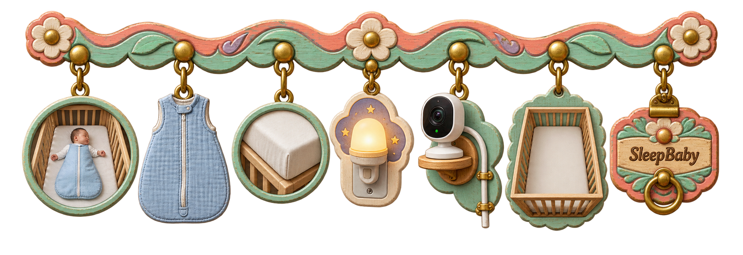 A painted-wood charm strand shows a baby in a bare crib, sleep sack, firm fitted mattress, fixed nightlight, safely placed camera, clear crib floor, and carved drawer clasp.