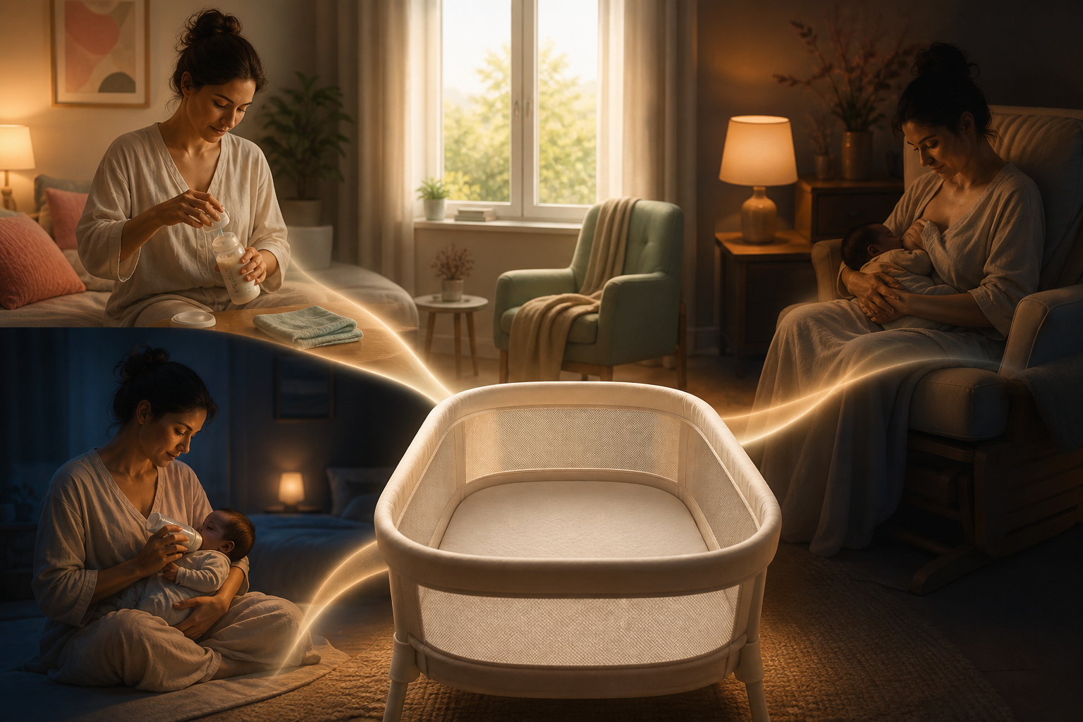 A SleepBaby day-to-night map connecting feeds, light, soothing, and an empty bassinet without a rigid clock